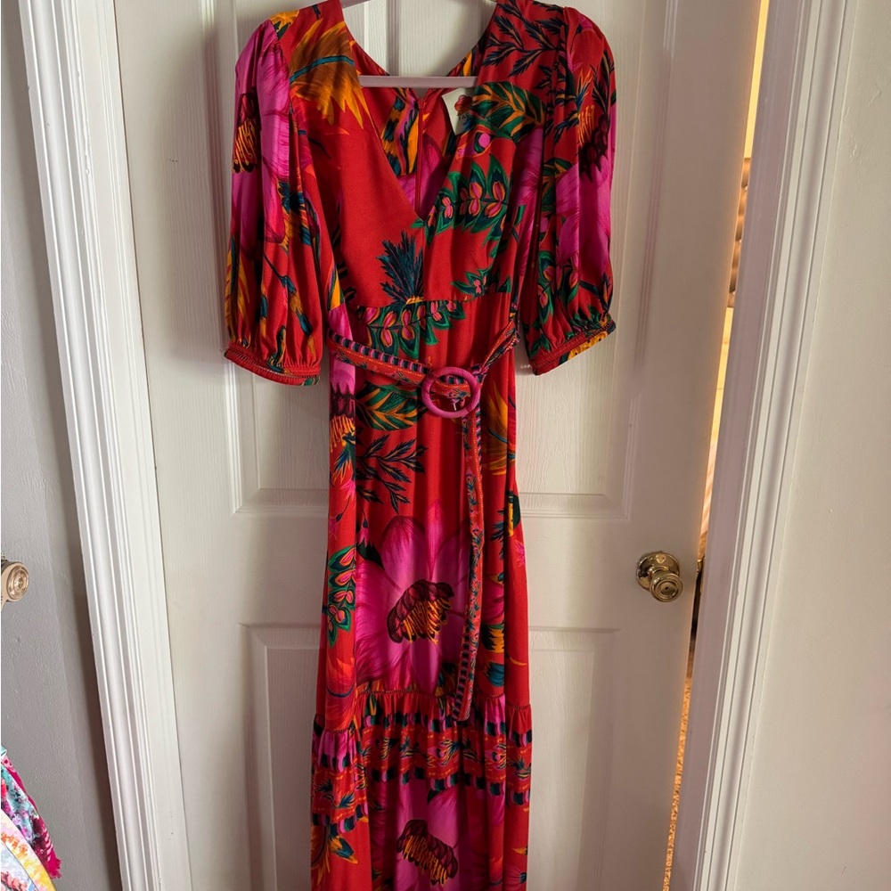 FARM Rio Red and Pink Maxi Sundress with Bishop Sleeves